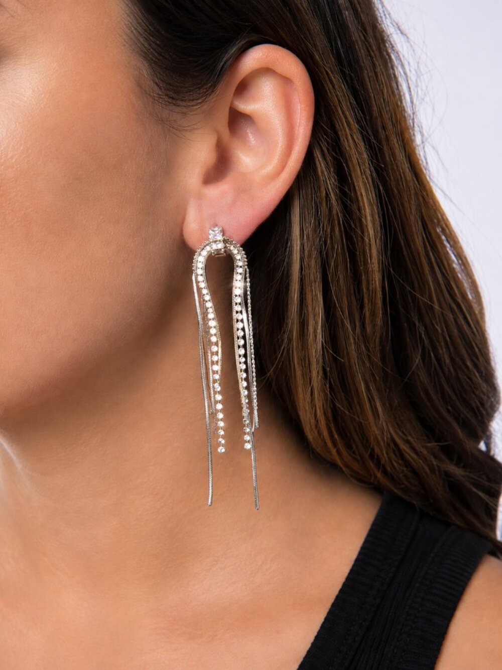 Rhinestone Fringe 3 Inch Drop Pierced Earrings in Silver Setting Formal Event